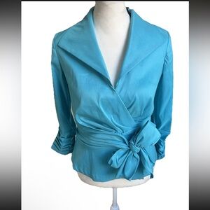 Tadashi Shoji Taffeta Tie Front Formal Blouse Evening Top Stretch Blue 6P NWT